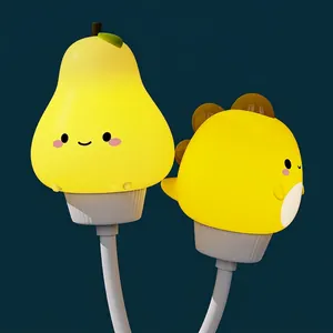 Cute pear and dinosaur night lights in bright yellow finish for kids bedroom decor