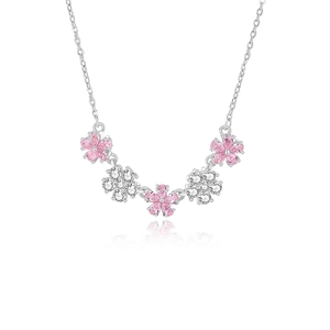 Elegant S925 silver necklace with five pink and white zirconia cherry blossom pendants