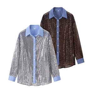 Chemises à paillettes coupe ajustée avec col et poignets à rayures bleues contrastées