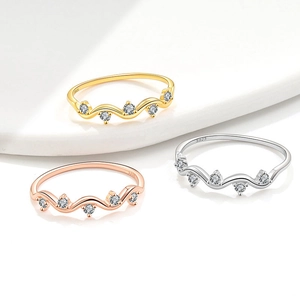 Minimalist S925 sterling silver wave rings with zircon in gold, silver, and rose gold