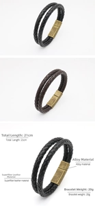 Detail view of woven leather bracelet with vintage alloy magnetic clasp and measurements