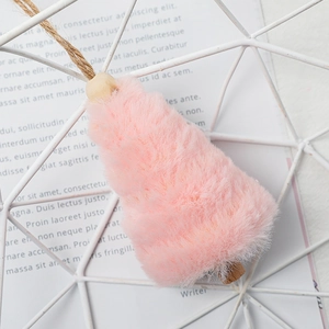 Pink faux fur mini Christmas tree ornament with wooden bead and rustic twine loop hanger