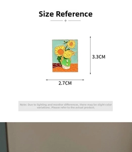 Detailed size measurement of Van Gogh sunflower enamel pin showing height of 3.3cm