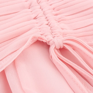 Elegant pink pleated chiffon dress featuring lantern sleeves and a drawstring waist detail