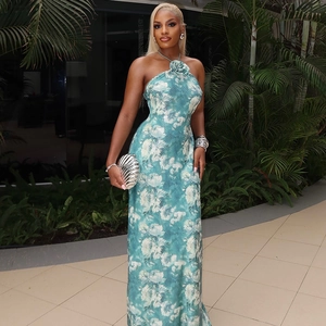 Halter Neck Maxi Dress Backless Abstract Floral Print Floral Decoration Elegant Summer Vacation Bodycon Long Gown Women