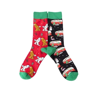 Christmas cartoon crew socks with asymmetric red and black holiday pattern for men and women