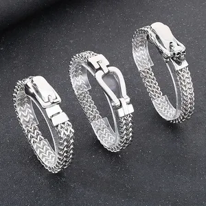 Three-piece stainless steel double-row curb chain bracelets with skull buckle detail