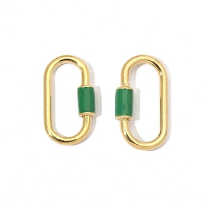 Macro view of gold stainless steel oval snap hooks with green enamel accents for DIY jewelry