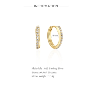 Detail view of 9mm gold-plated S925 silver hoop earrings with AAAAA cubic zirconia