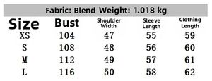 Size chart for reversible faux leather jacket detailing bust and shoulder measurements