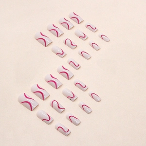 24 unghie finte lunghe quadrate bianche con eleganti motivi a linee rosa ondulate