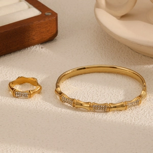Bamboo Joint Stainless Steel Bangle And Ring With Sparkling Zircon Inlaid Elegant Fashion Jewelry For Women