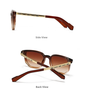 Side and back view of pilot sunglasses with gold engraved temples and brown gradient lenses