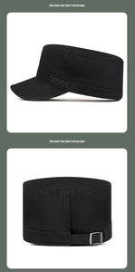 Detail of adjustable metal buckle and Spirit embroidery on black cotton flat top army cap