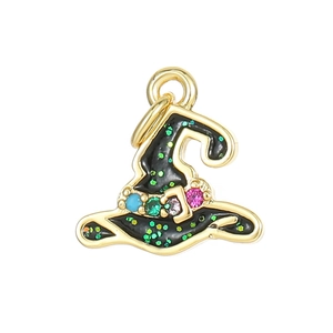 14K gold plated wizard hat pendant with black enamel and colorful gemstones for DIY jewelry