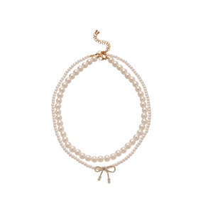 Double layered pearl necklace with zircon bow pendant and elegant gold lobster clasp