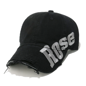 Black distressed baseball cap with silver ROSE embroidery and vintage worn-out brim design