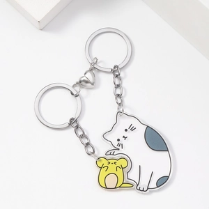 Creative acrylic cat and mouse keychain set with heart magnet for couples