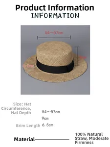Size chart showing flat-top straw hat dimensions with black ribbon decoration