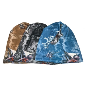 Three-pack stylish knit beanies with printed sci-fi patterns and geometric star designs