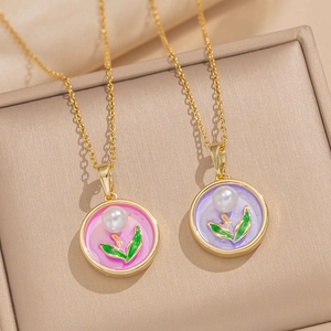 French vintage gold necklaces with enamel flower pendants and pearls for women