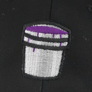 Adjustable black cotton baseball cap featuring a purple liquid double cup embroidery