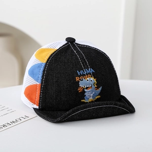 Close-up of baby dinosaur denim mesh cap featuring 3D colorful fins and cute embroidery
