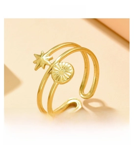 Detail of adjustable gold ring with double-layered band and embossed star patterns