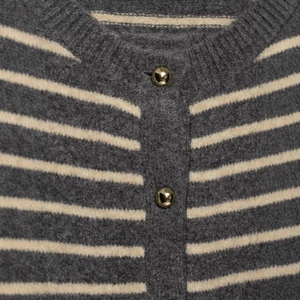 Women's striped knit cardigan in grey and white with elegant gold metal buttons