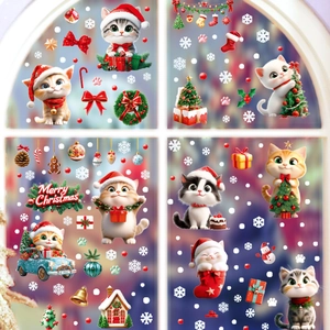 Christmas window decals featuring cute cartoon cats with snowflakes and a Merry Christmas sign