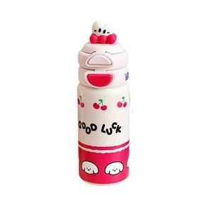 Thermos enfant en acier 316 rose et blanc avec paille, motif cerise et décor mignon