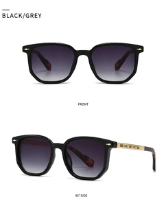 Detail of square pilot sunglasses with black frames and gold embossed metal temple design