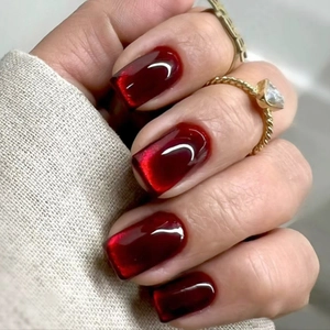 Deep Red Cat Eye Press On Nails French Style Almond ABS Glossy Artificial Nails For Women