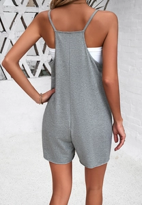 Rear view detail of gray sleeveless romper with adjustable straps and soft fabric