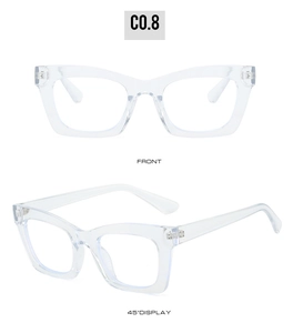Front and 45-degree angle display of transparent square frames for fashion eyewear