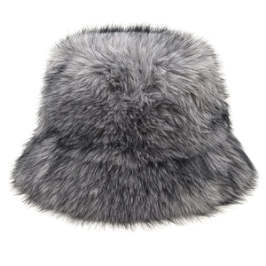 Detailed close-up of thick grey faux fur texture on a winter bucket hat for women