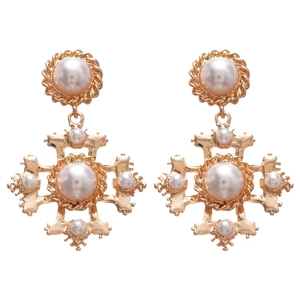 Baroque cross earrings with faux pearls in golden finish on a clean white background