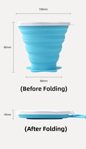 Blue silicone collapsible cup showing dimensions in both expanded and folded states