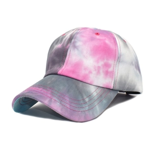 Detail of pink and grey tie-dye baseball cap showing the six-panel cotton stitching