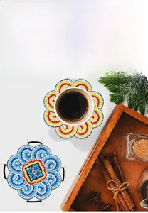 Detailed view of floral diamond painting coasters with mandala patterns and cork base