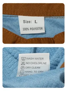 Detailed view of the size L label and 100% polyester fabric texture of the polo shirt