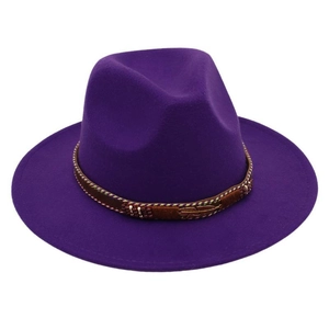 Detail of deep purple wool felt hat featuring a brown embroidered feather band