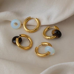 Vintage 18K gold plated stainless steel hoops with natural gemstone donut charms