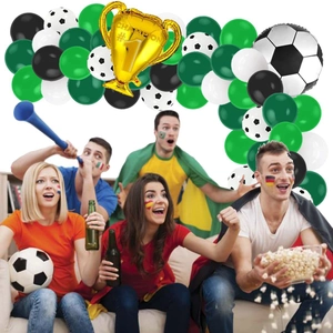 Soccer theme party set with latex balloons, football foil balloons and gold trophy