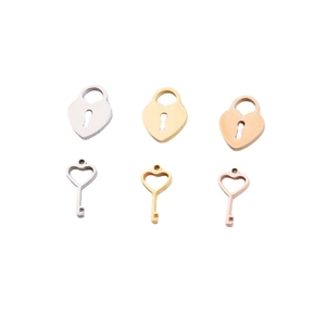 Polished heart lock and key charms in gold silver and rose gold stainless steel set