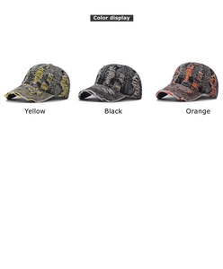 Close-up of distressed denim baseball caps in yellow, black and orange color options