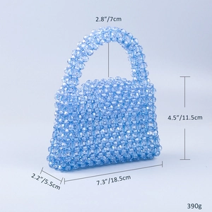 Blue acrylic beaded trapezoid handbag showing detailed dimensions and weight specifications