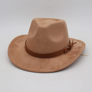 Classic camel wide brim fedora hat with brown leather band and gold buckle detail