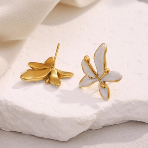 Elegant 18K gold plated stainless steel butterfly stud earrings with white enamel finish