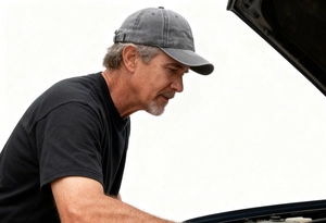 Close-up of grey washed cotton baseball cap worn by a man in an outdoor work setting